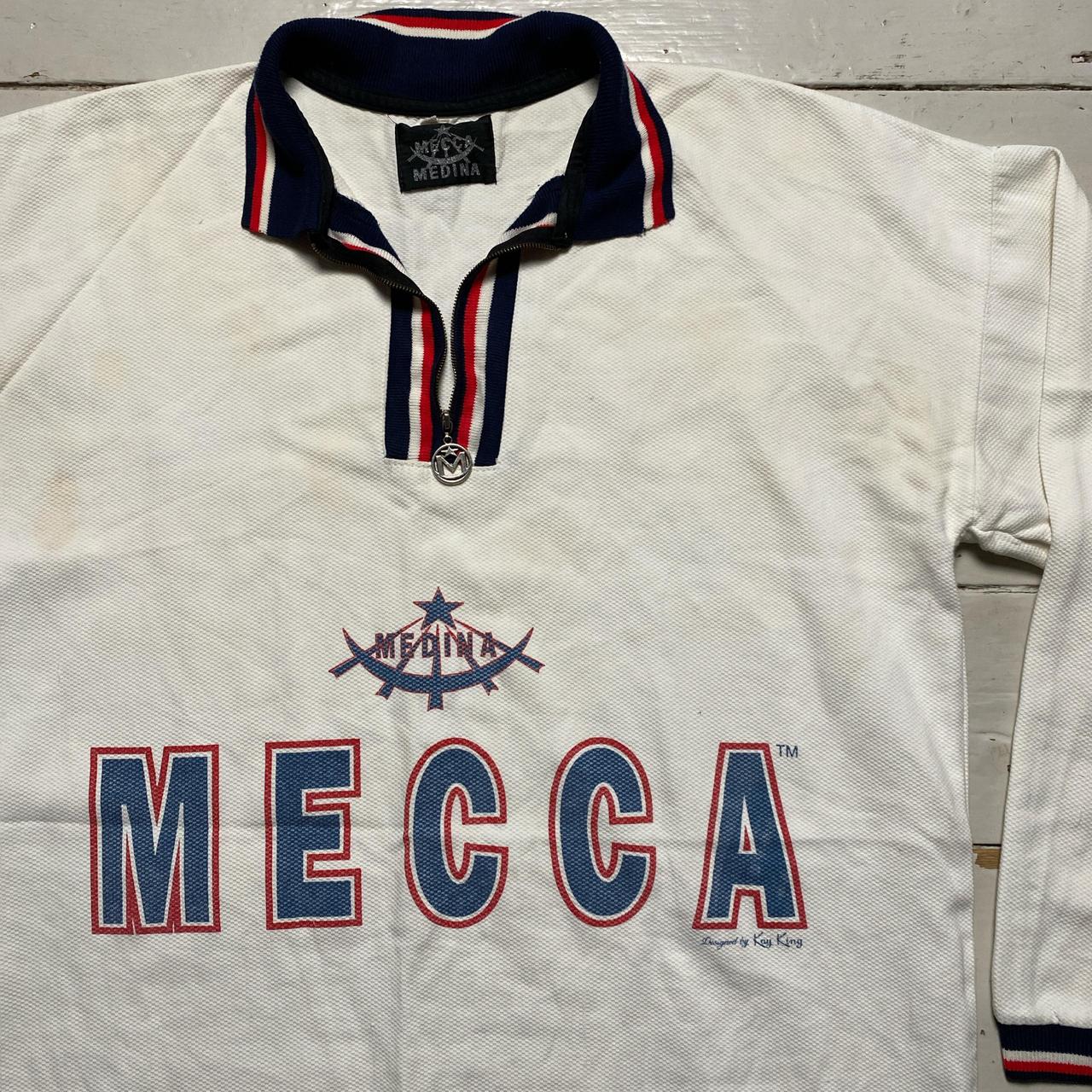 Mecca Vintage 90’s Long Sleeve White Red and Navy Stripe Rugby Jersey Quarter Zip (XL)
