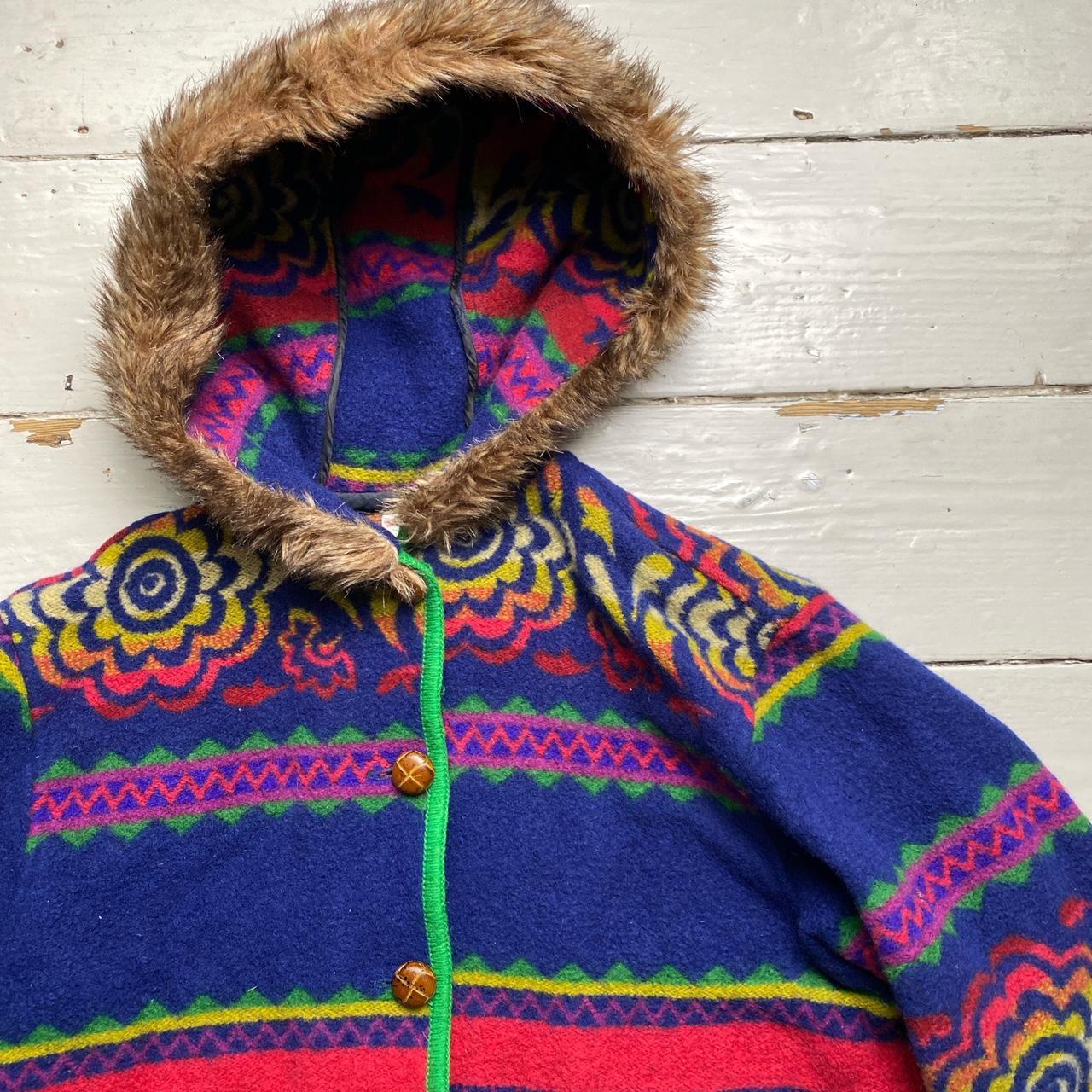 United Colours of Benetton Vintage Wool Floral Multi Colour Rug Design Hooded Fur Trim Parka