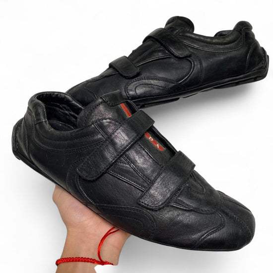 Prada Strap Leather Driving Loafer Shoes Black and Red Tab (UK 10)