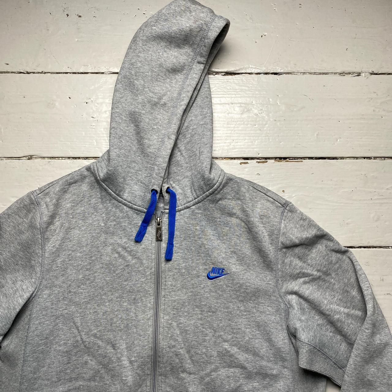 Nike Grey and Blue Swoosh Vintage Hoodie