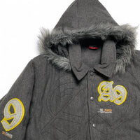 Akademiks A9 Y2K Grey Fur Trim Hooded Bomber Jacket (L)
