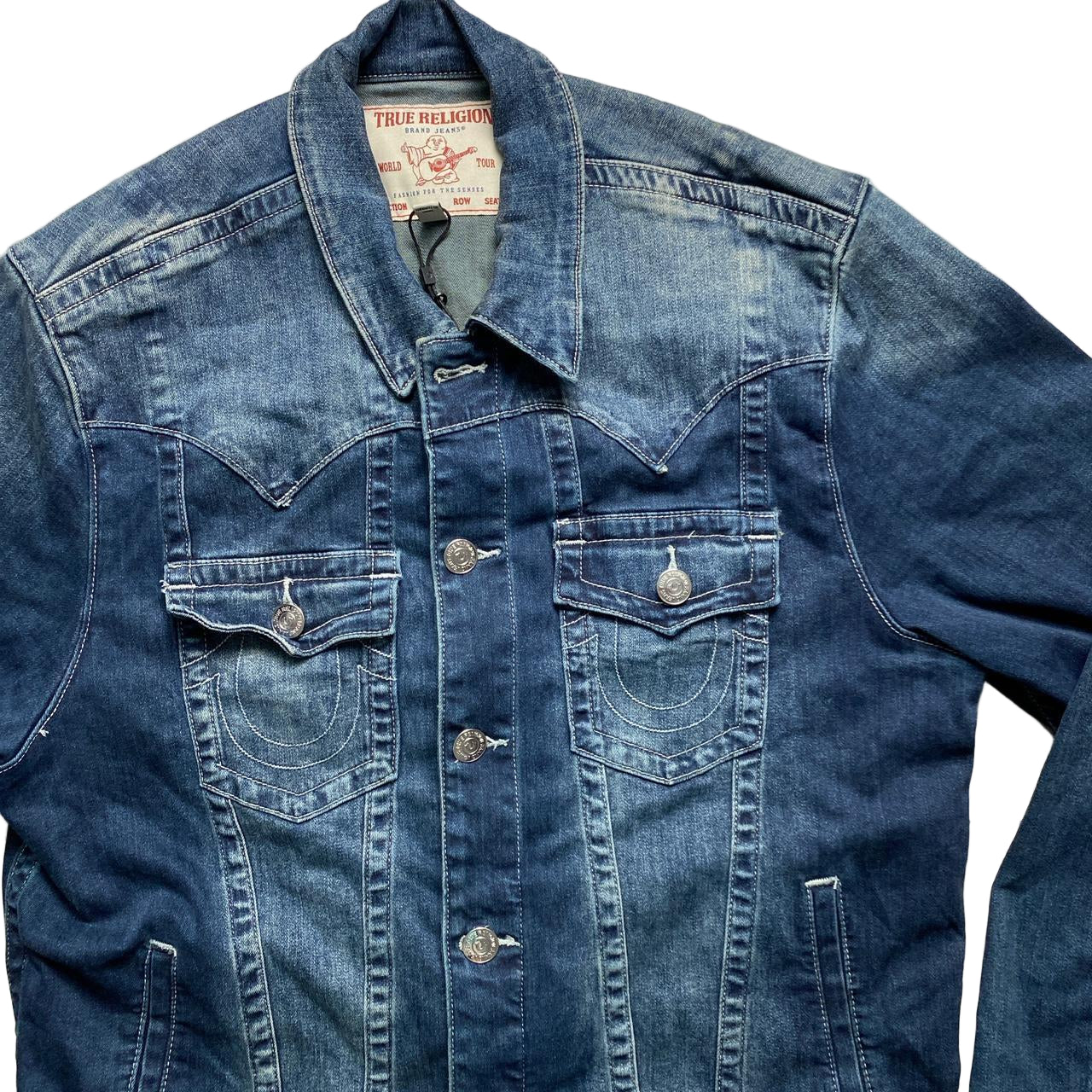 True Religon Denim White Stitch Navy Stonewash Denim Jacket (XL)