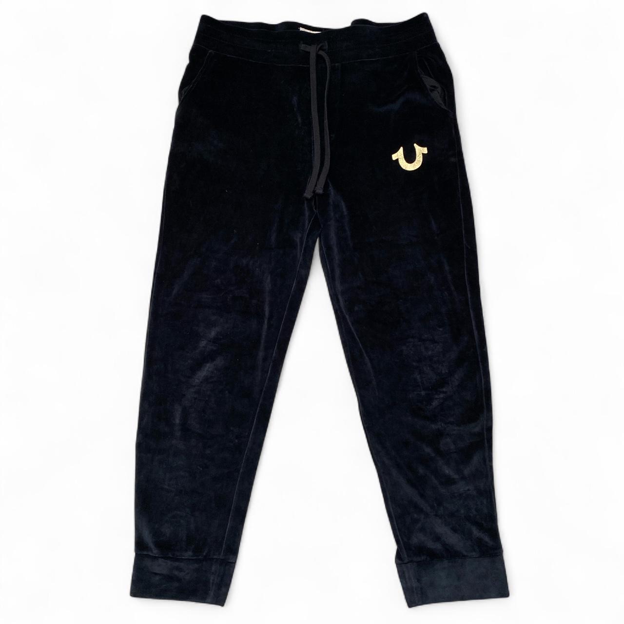 True Religion Black Velour Gold and White Stitch Baggy Joggers