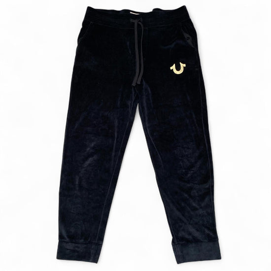 True Religion Black Velour Gold and White Stitch Baggy Joggers (L)