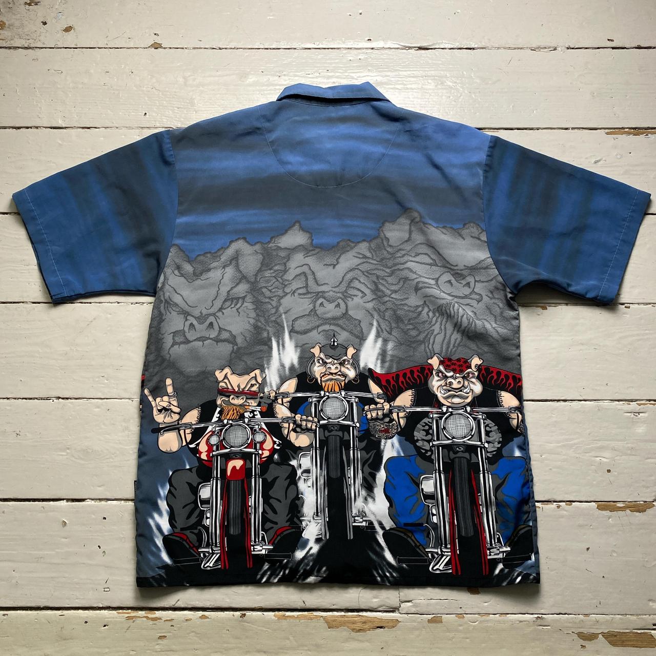 Y2K Pig Bikers Cartoon Animated Short Sleeve Silk Shirt