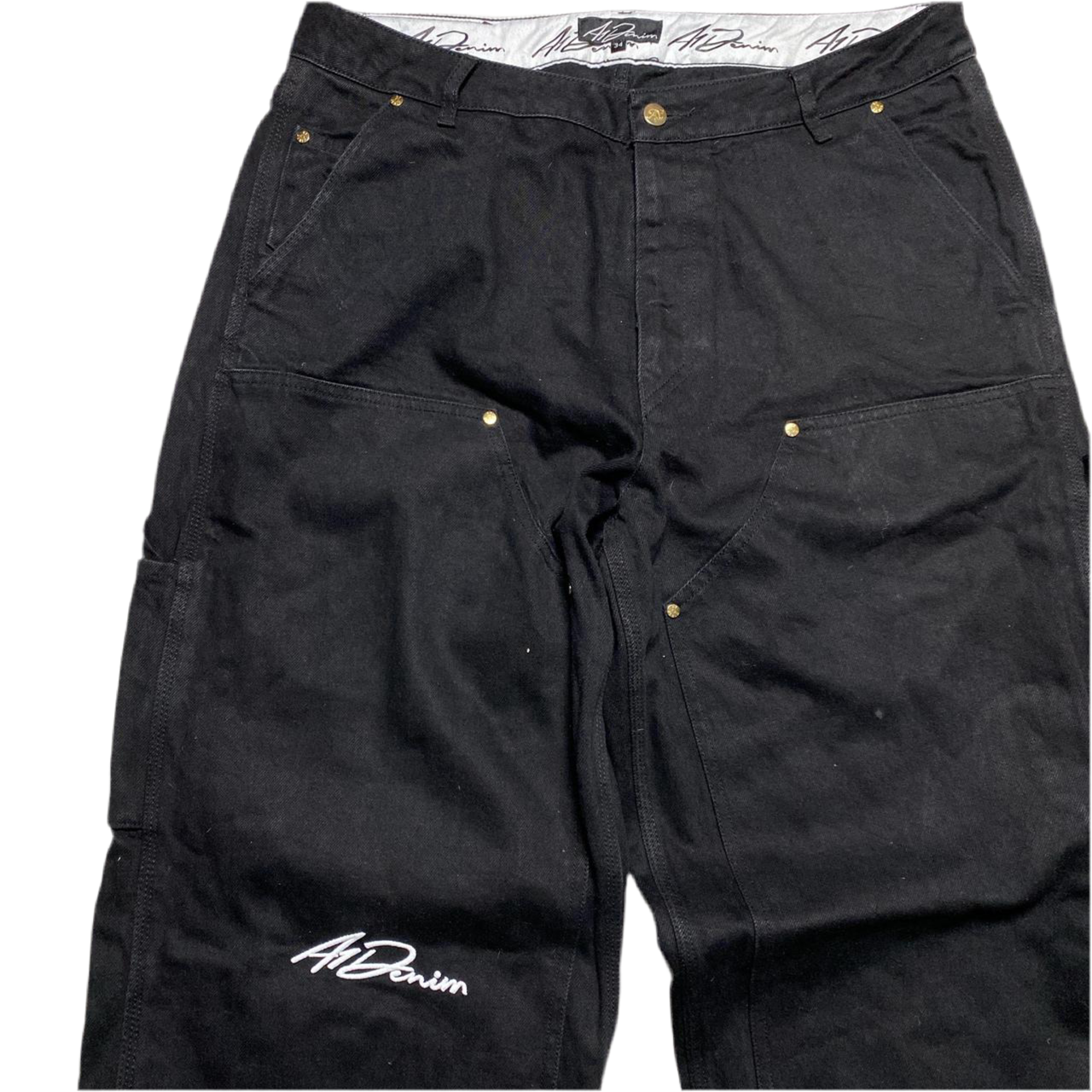 A1 Denim Baggy Carpenter Black and White Embroidery Jeans (34W)