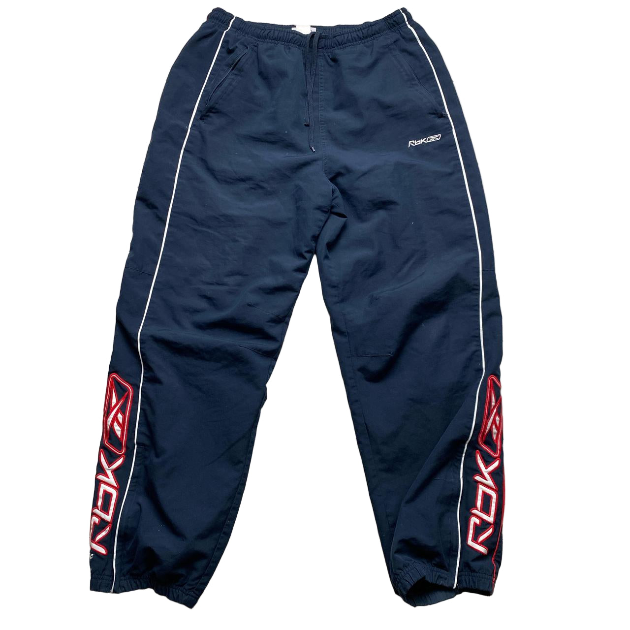 Reebok Vintage Navy White and Red Shell Baggy Trackpant Bottoms (M)