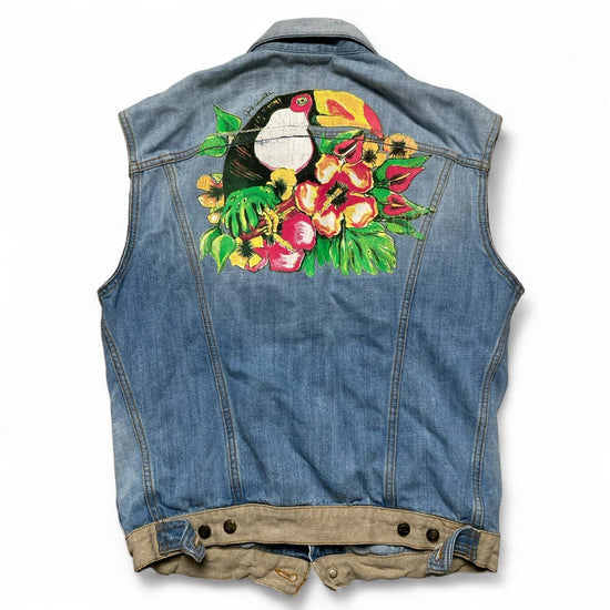 Just Cavalli Hand Painted Hawaiian Bird and Floral Denim Vest Gilet Jacket (M)