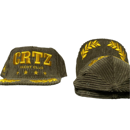 Corteiz Soho Yacht Club Corduroy Khaki Green and Gold Velour Snapback Cap