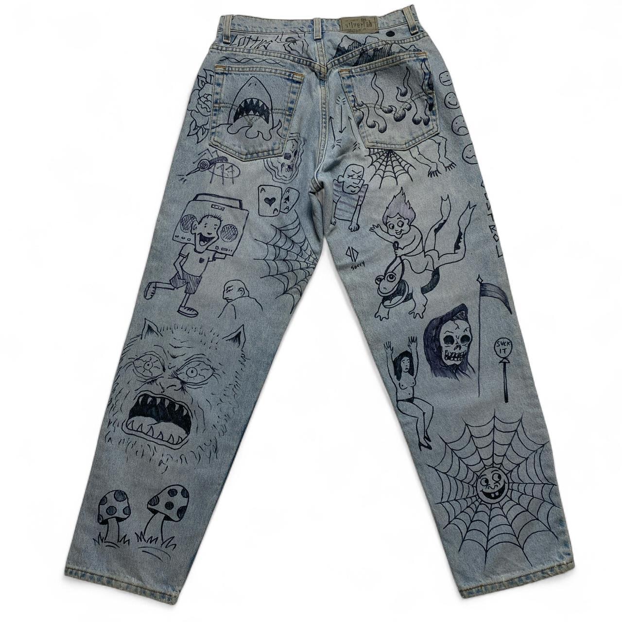 Levis Silver Tab Custom Hand Drawn Light Blue Baggy Jeans (28W)