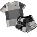 Nike Running Reflective Checked Patchwork Grey Black and White Shorts and T Shirt Set (L)