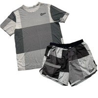 Nike Running Reflective Checked Patchwork Grey Black and White Shorts and T Shirt Set (L)