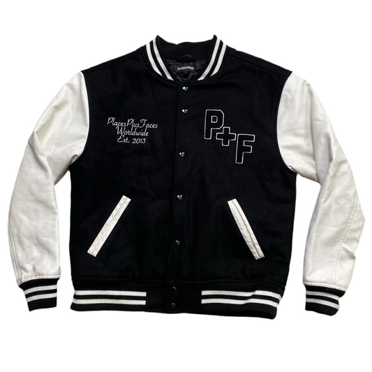 Places and Faces Black and White Varsity Bomber Jacket (M)