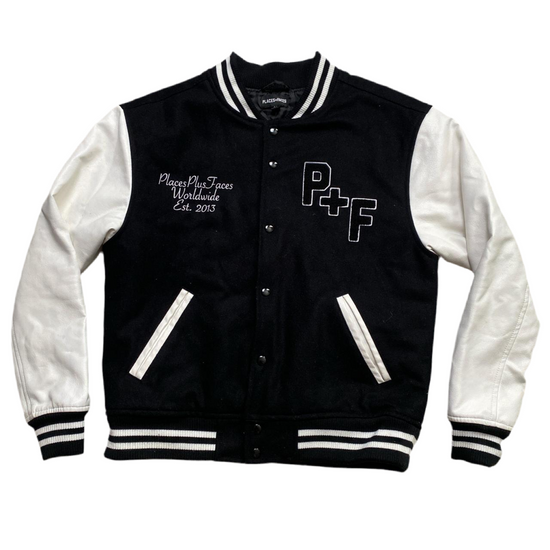 Places and Faces Black and White Varsity Bomber Jacket (M)