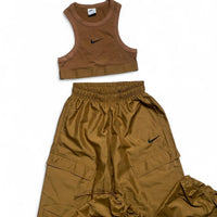 Nike Brown and Black Crop Vest and Shell Nylon Bottoms Tracksuit Set (S)