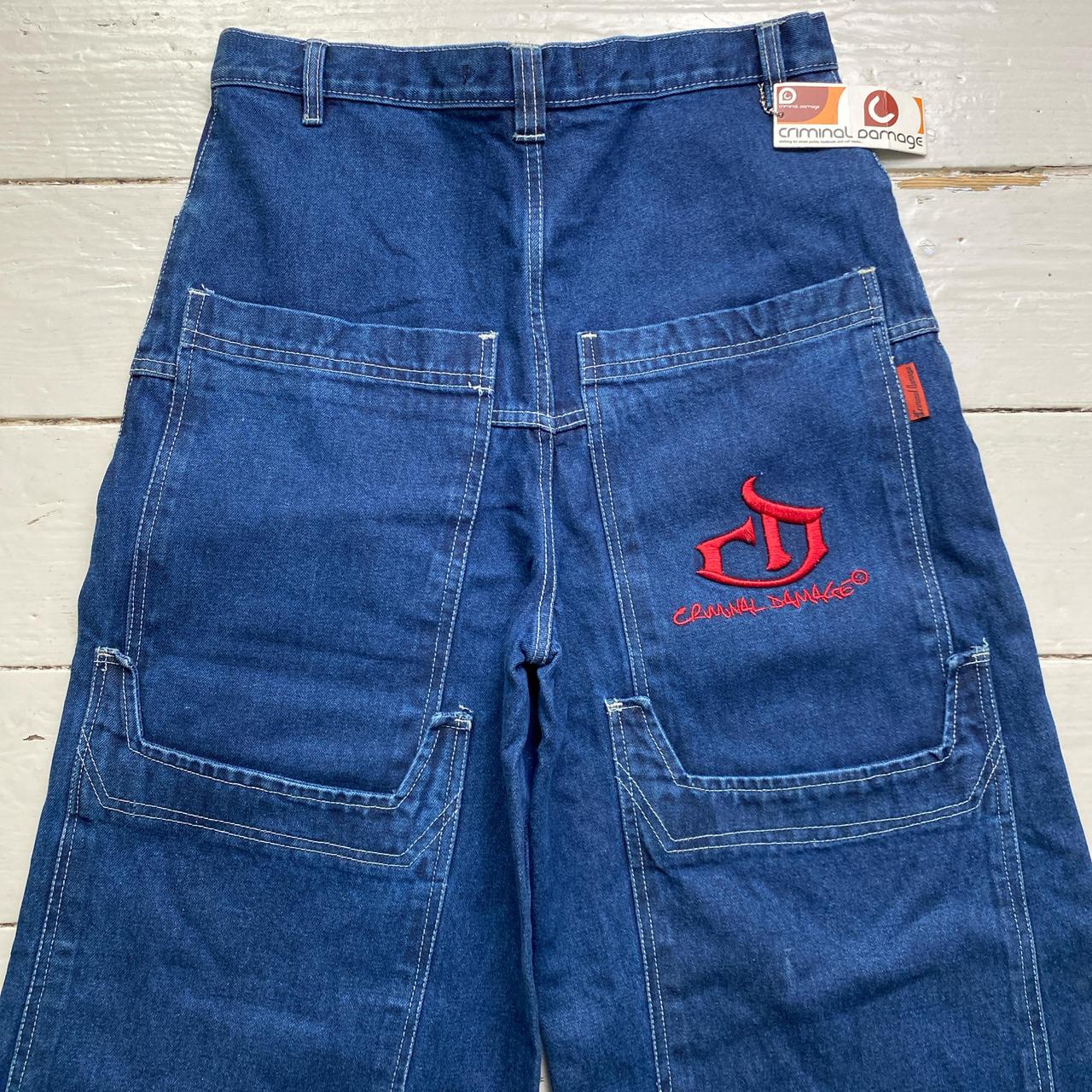 Criminal Damage Vintage Navy Baggy Cargo Carpenter Red Embroidery Jeans