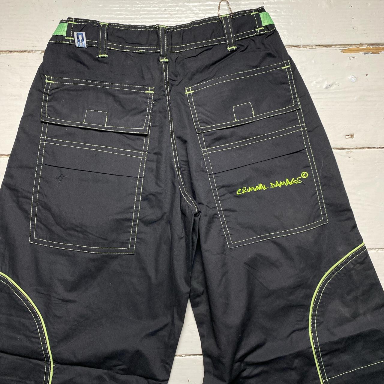 Criminal Damage Cargo Parachute Baggy Combat Trousers Black and Green Contrast Stitch