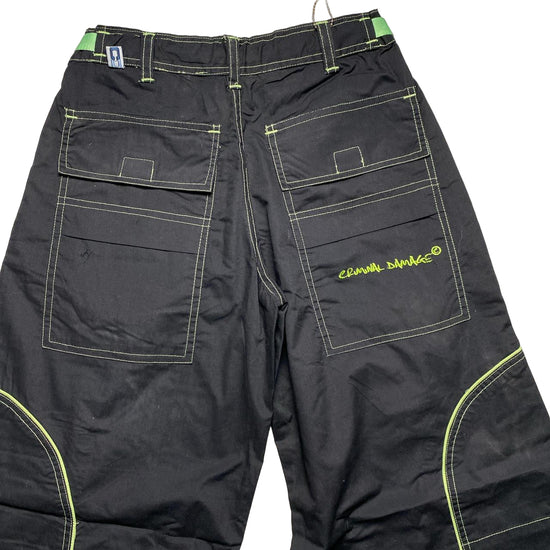 Criminal Damage Cargo Parachute Baggy Combat Trousers Black and Green Contrast Stitch (M)