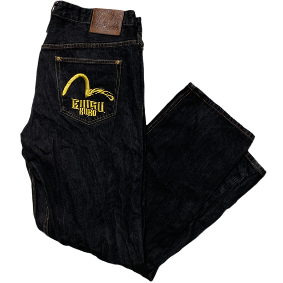 Evisu Kuro Indigo Dark Black Denim and Yellow Embroidered Swoosh Jeans (W 38)