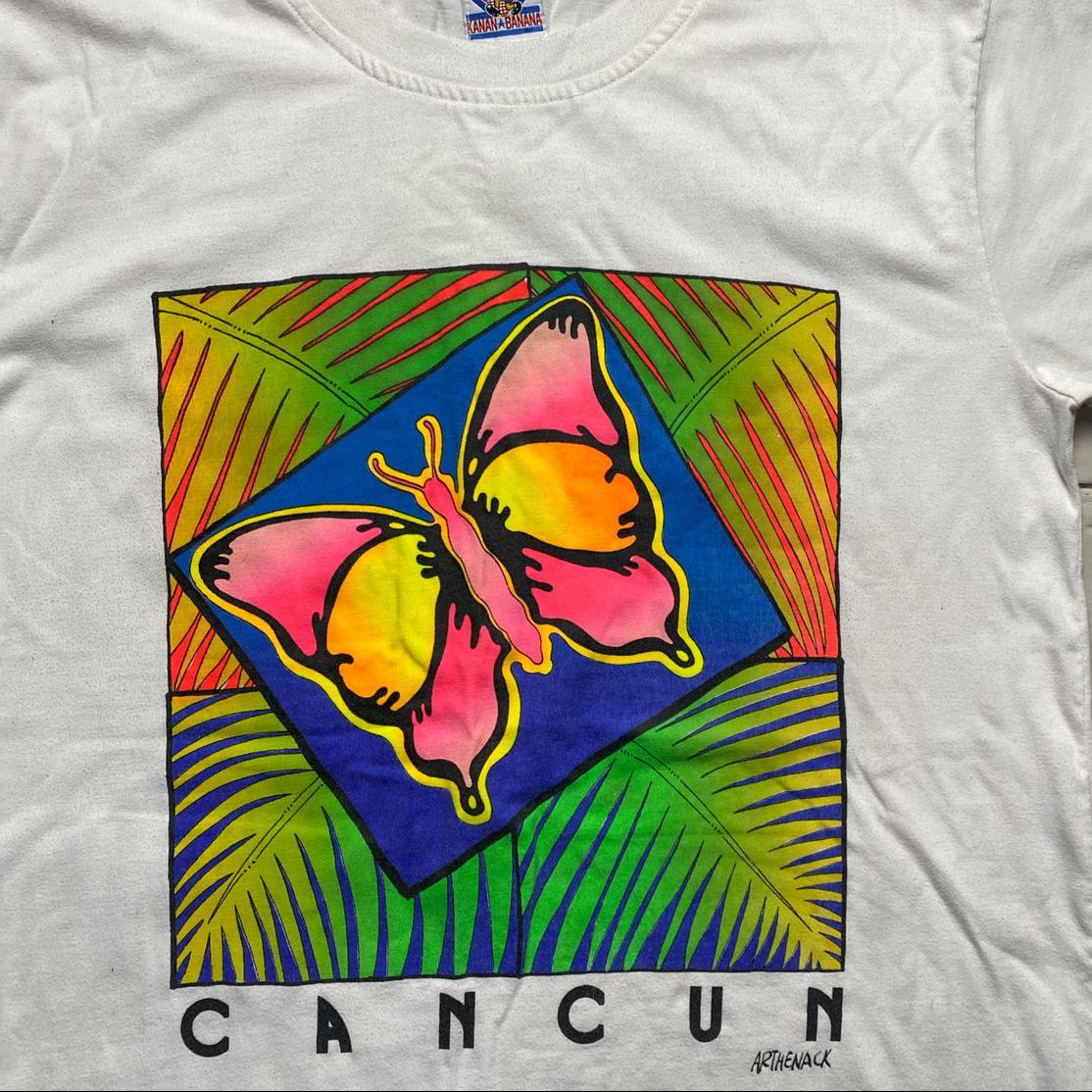 Cancun Vintage 90’s White Butterfly Multi Colour T Shirt (XL)