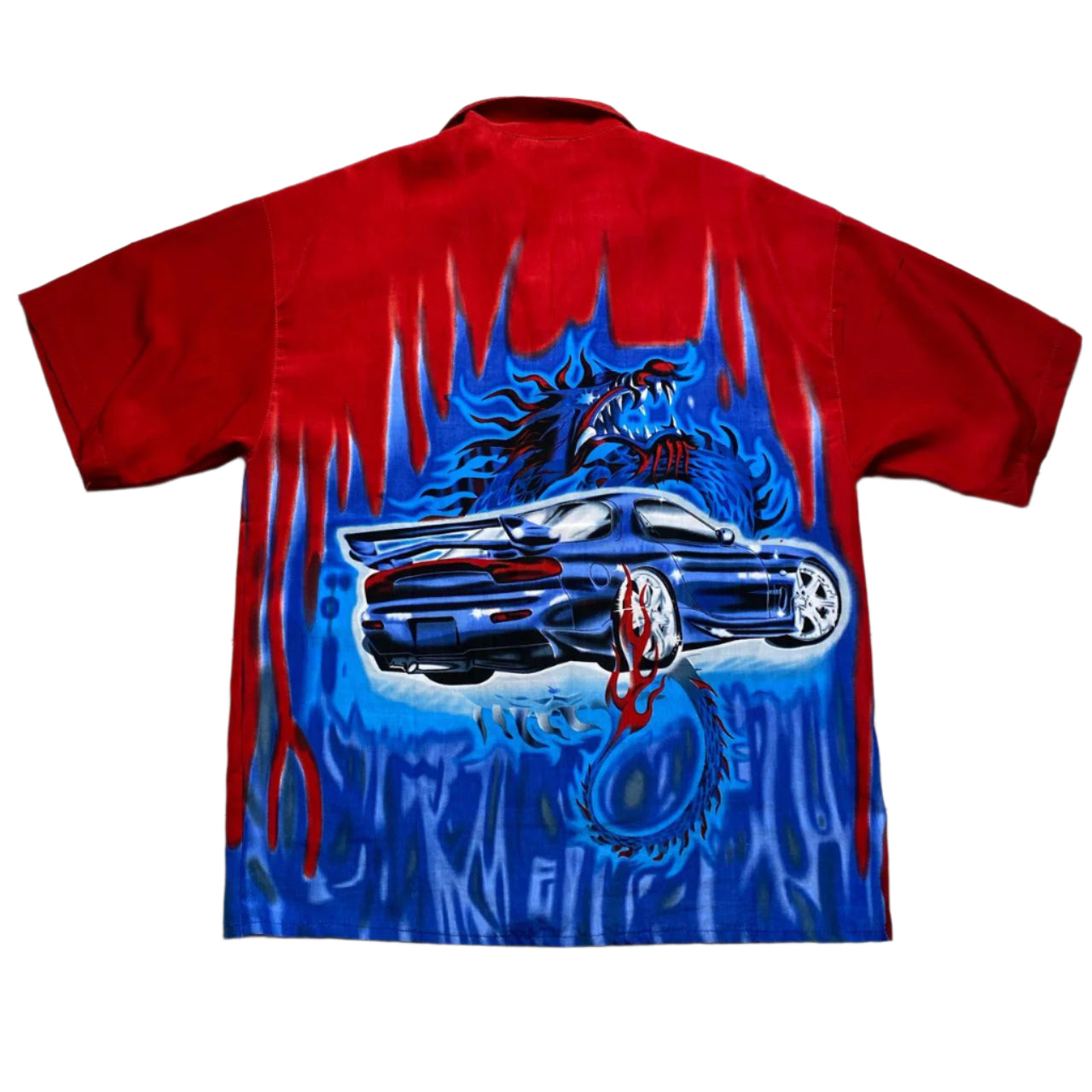 Dragon Japanese Car Mazda Y2K Short Sleeve Red and Blue Shirt (XL)