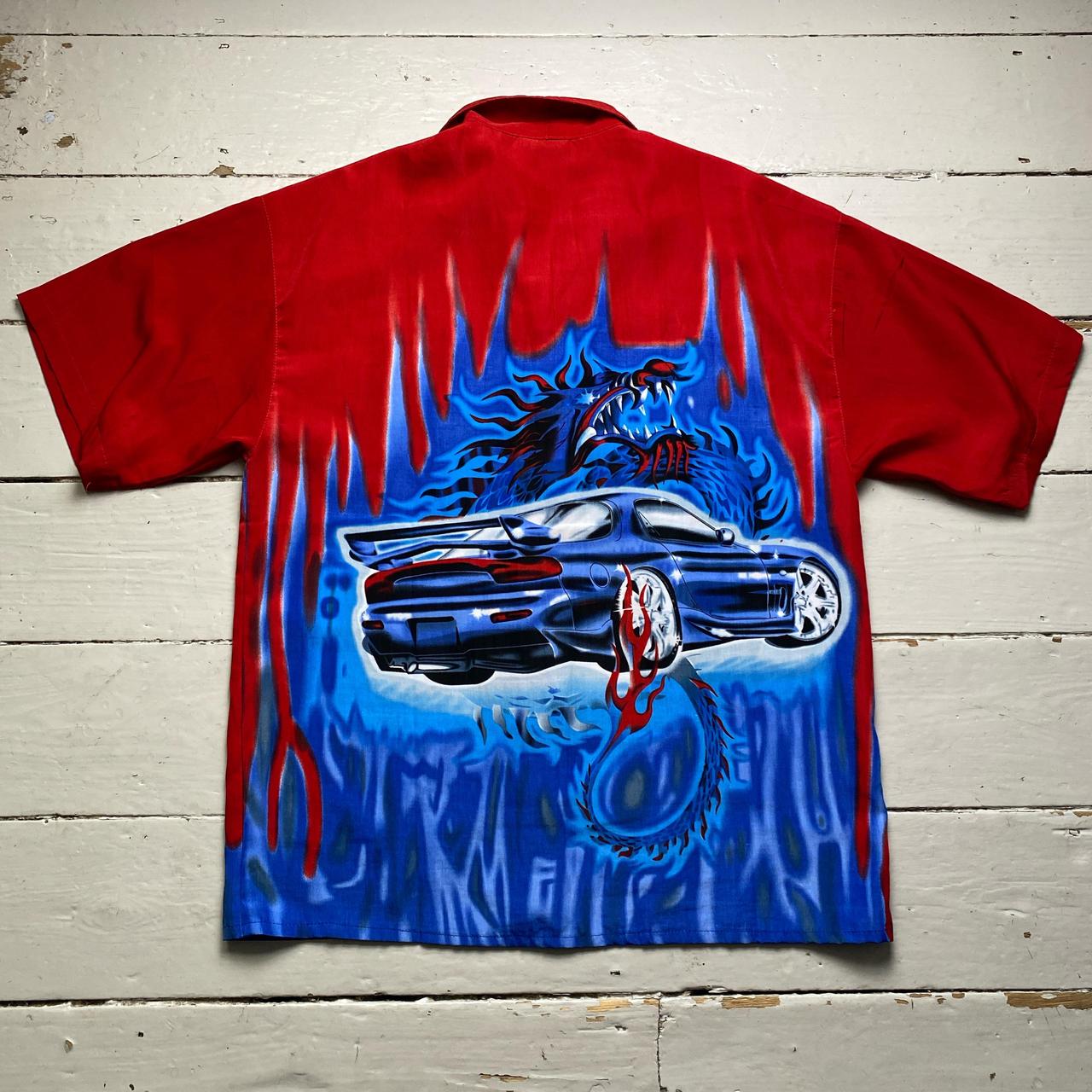 Dragon Japanese Car Mazda Y2K Short Sleeve Red and Blue Shirt