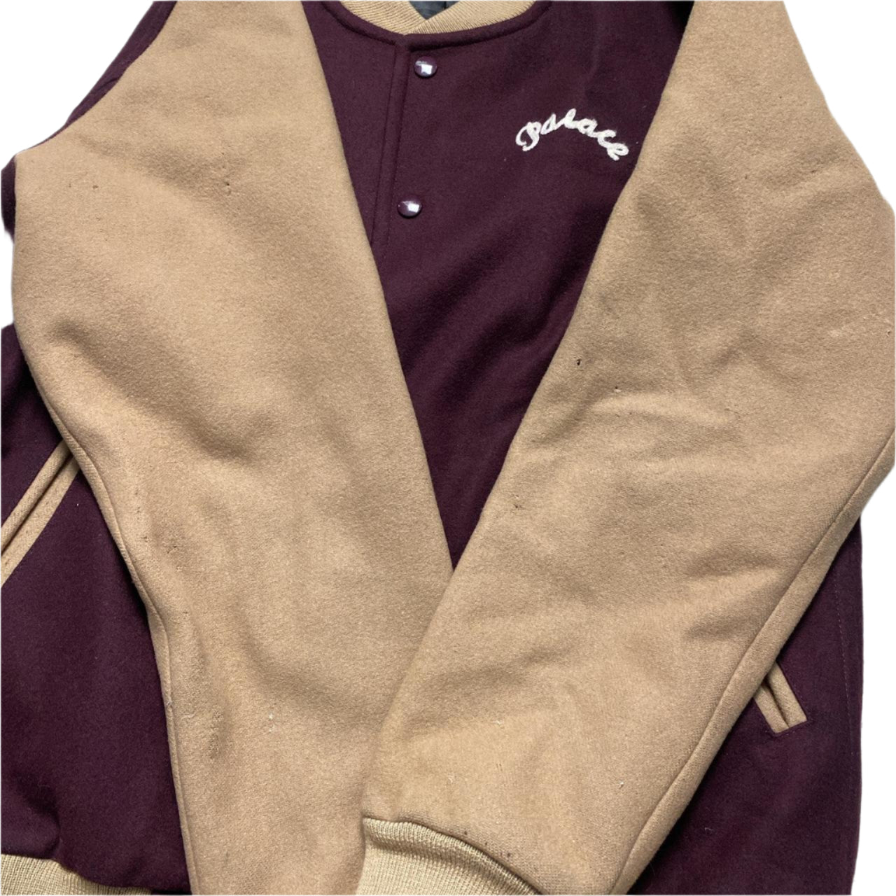 Palace Wool Burgundy and Sand Tan Brown Varsity Bomber Jacket (L)