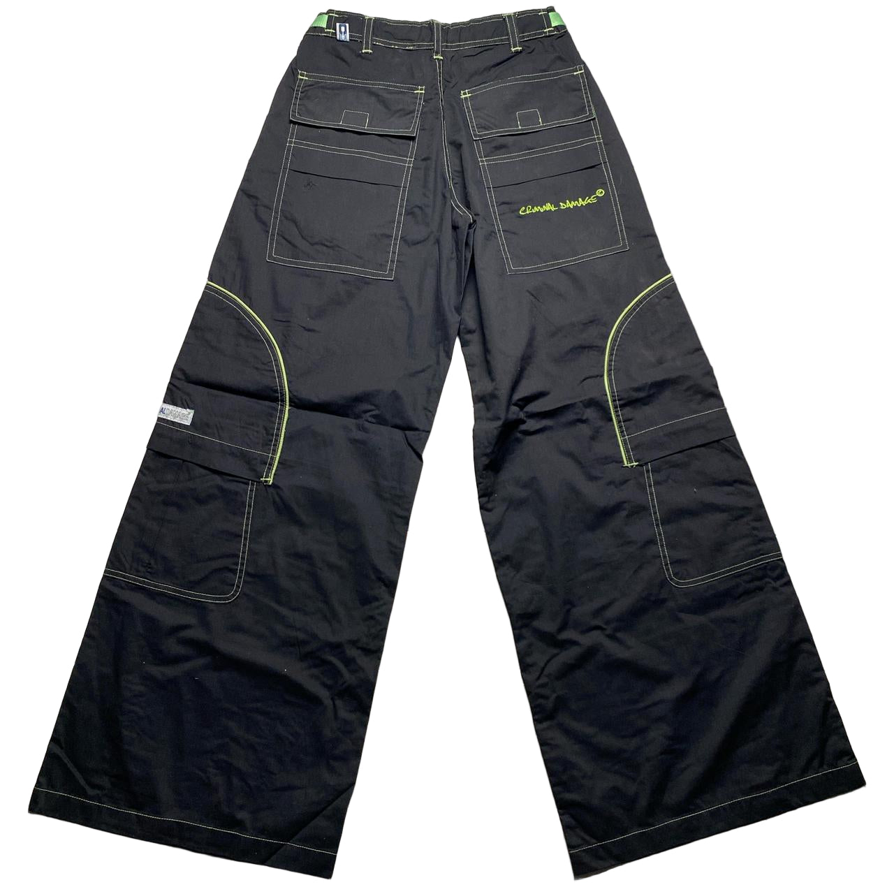 Criminal Damage Cargo Parachute Baggy Combat Trousers Black and Green Contrast Stitch (M)