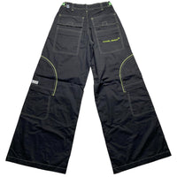 Criminal Damage Cargo Parachute Baggy Combat Trousers Black and Green Contrast Stitch (M)