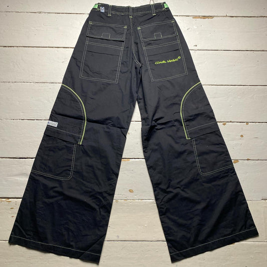 Criminal Damage Cargo Parachute Baggy Combat Trousers Black and Green Contrast Stitch