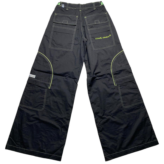 Criminal Damage Cargo Parachute Baggy Combat Trousers Black and Green Contrast Stitch (M)