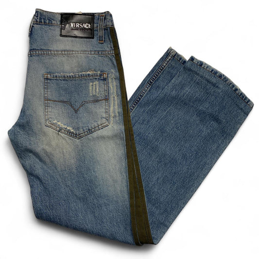 Versace Jeans Couture Vintage Distressed Blue and Green Strip Jeans (34W)