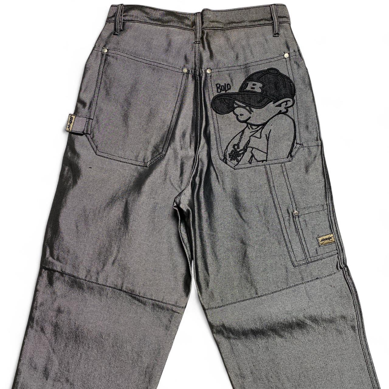 School Of Hard Knocks Vintage Y2K 90’s Shiny Metallic Silver Denim Baggy Hip Hop Graffiti B Boy Char