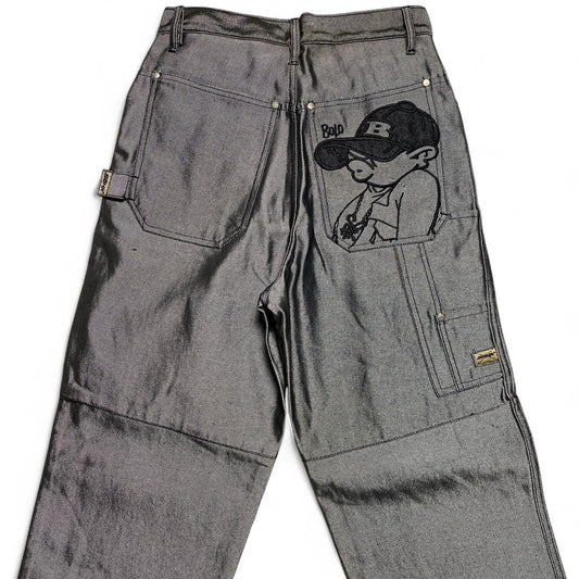School Of Hard Knocks Vintage Y2K 90’s Shiny Metallic Silver Denim Baggy Hip Hop Graffiti B Boy Char