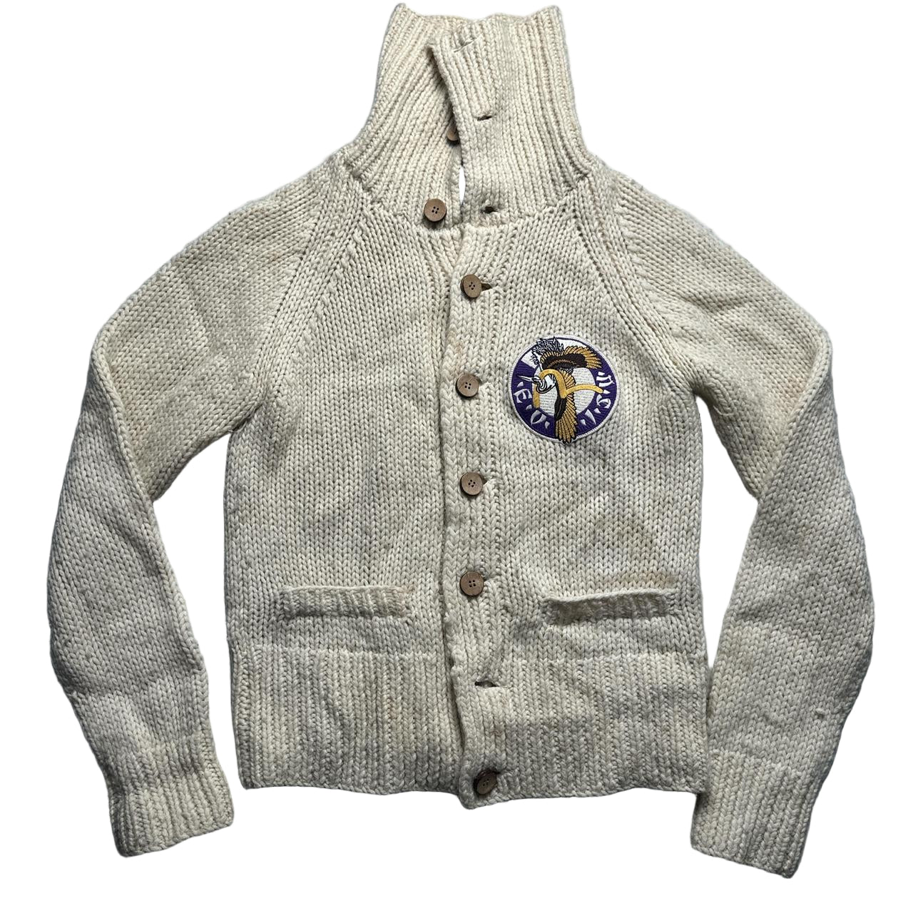 Evisu Vintage Wool Cream Button Up Embroidery Heron Jumper (L)