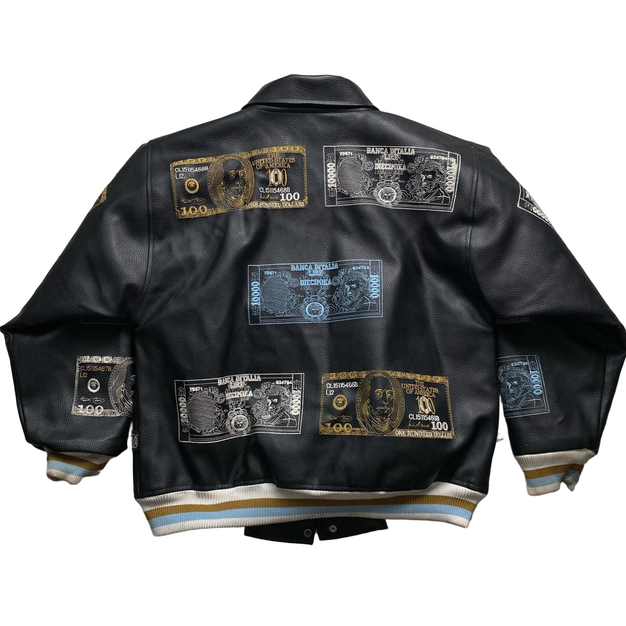 Raw Blue Dollar Bill and Italian Money Embroidery Leather Vintage Bomber Jacket (M)