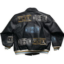 Raw Blue Dollar Bill and Italian Money Embroidery Leather Vintage Bomber Jacket (M)