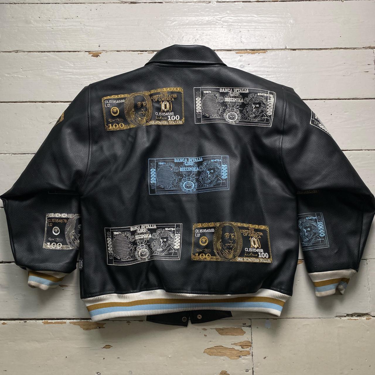 Raw Blue Dollar Bill and Italian Money Embroidery Leather Vintage Bomber Jacket