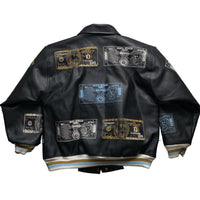 Raw Blue Dollar Bill and Italian Money Embroidery Leather Vintage Bomber Jacket (M)