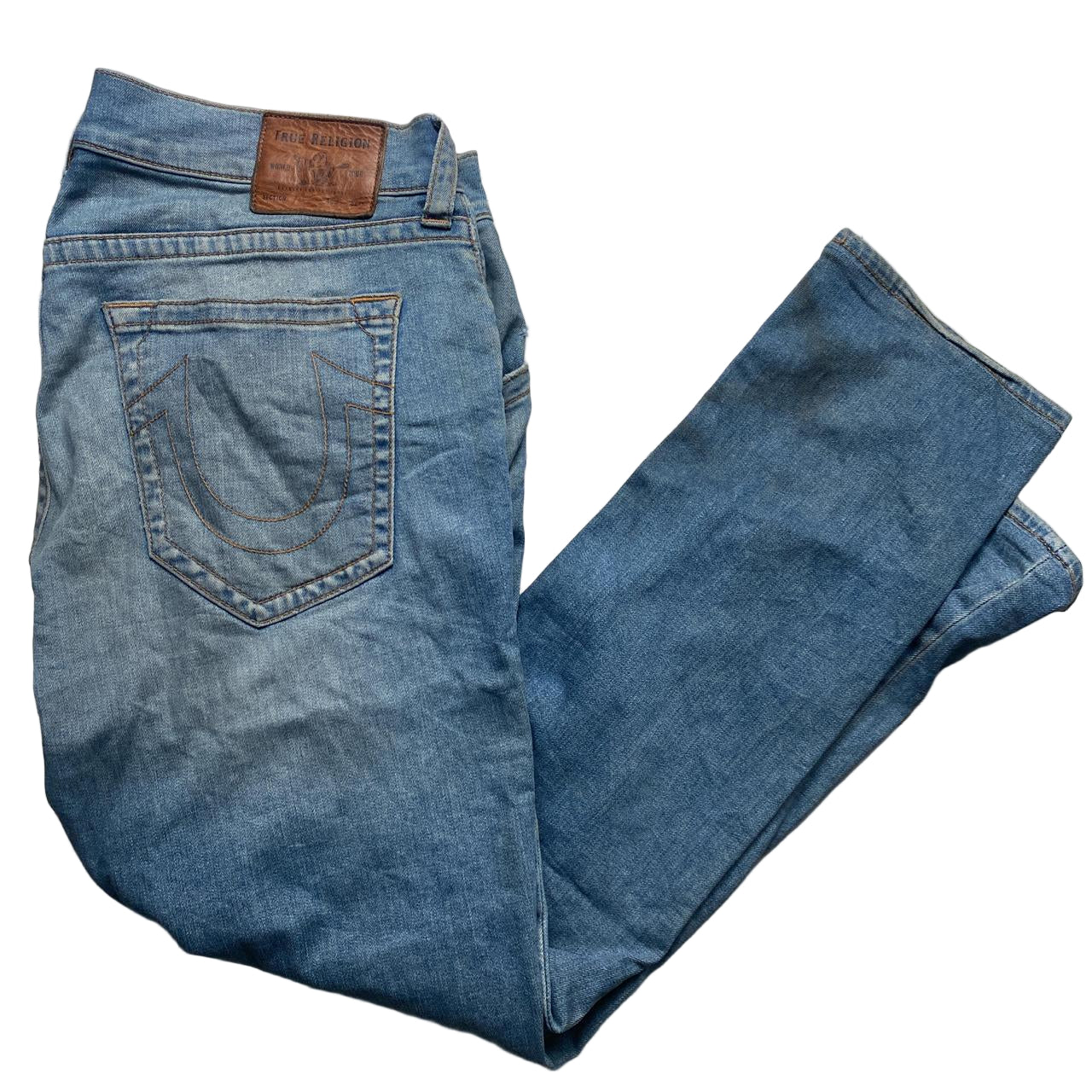 True Religion Geno Blue Stonewash Brown Stitch Jeans (36W)