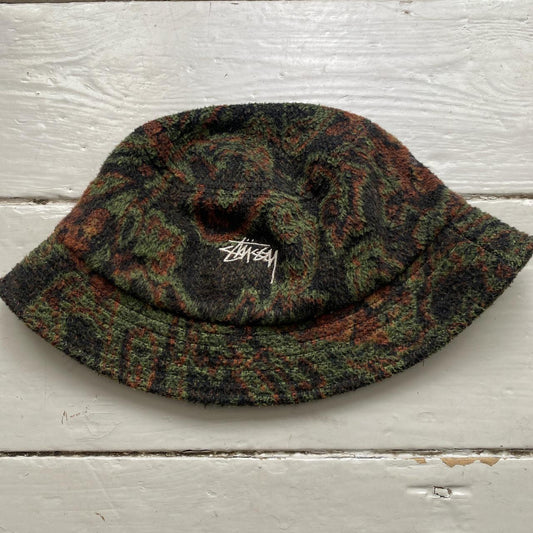 Stussy Fleece Camouflage Green and Brown Bucket Hat