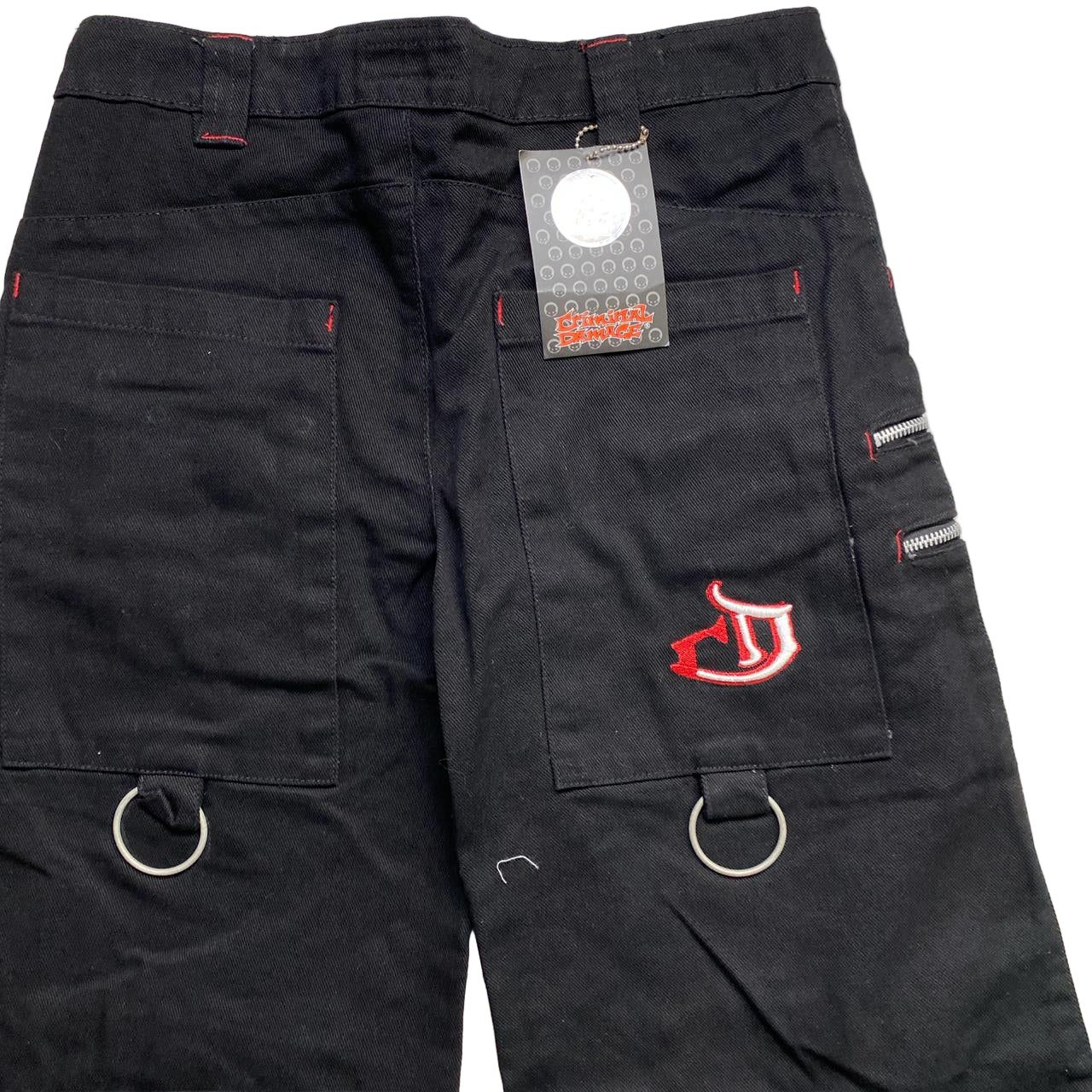 Criminal Damage Bondage Black White and Red Embroidery Baggy Jeans (30W)