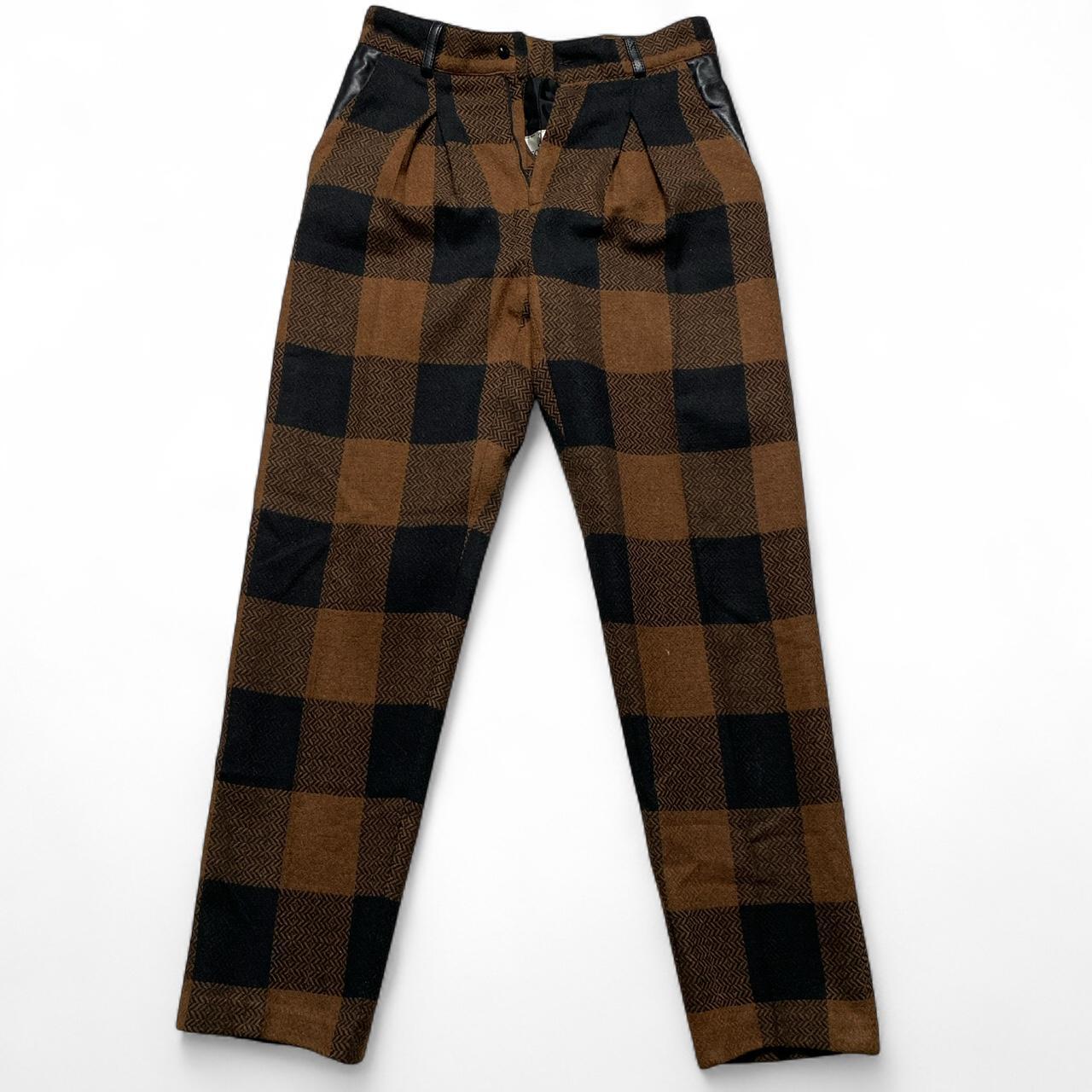 Vintage Brown and Black Plaid Wool and Leather Full Suit Jacket and Trousers (L)