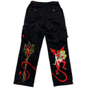 Minus Two Embroidery Devil and Girls Cargo Trousers Black and Red (30W)