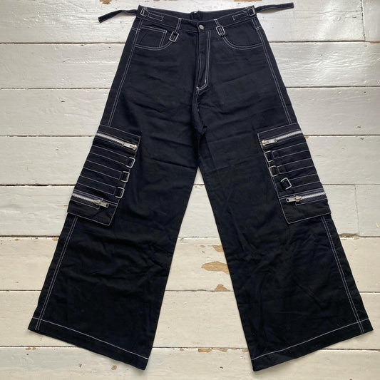 Criminal Damage Bondage Black and Silver Zipper Buckle Baggy Jean Cargo Trousers