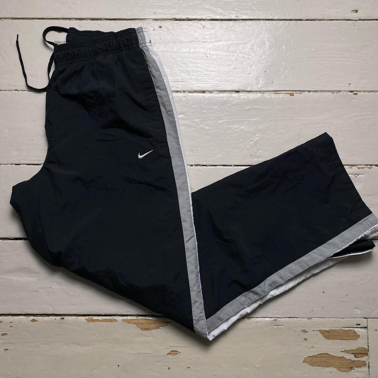 Nike Athletic Department Swoosh Vintage Black Grey and White Strip Shell Track Pant Baggy Bottoms