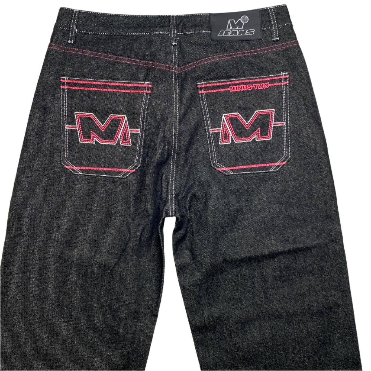 Minus Two Dark Grey Pink Embroidery Baggy Jeans (36W)