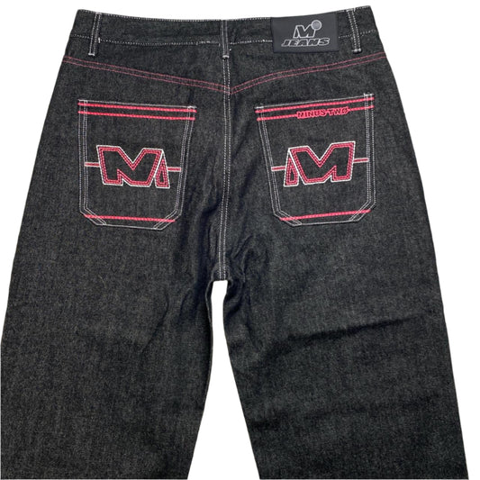 Minus Two Dark Grey Pink Embroidery Baggy Jeans (36W)