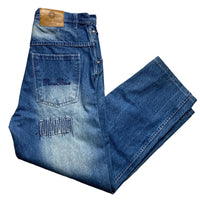 Raw Blue Vintage Baggy Patchwork Stonewashed Blue Jeans (34W)