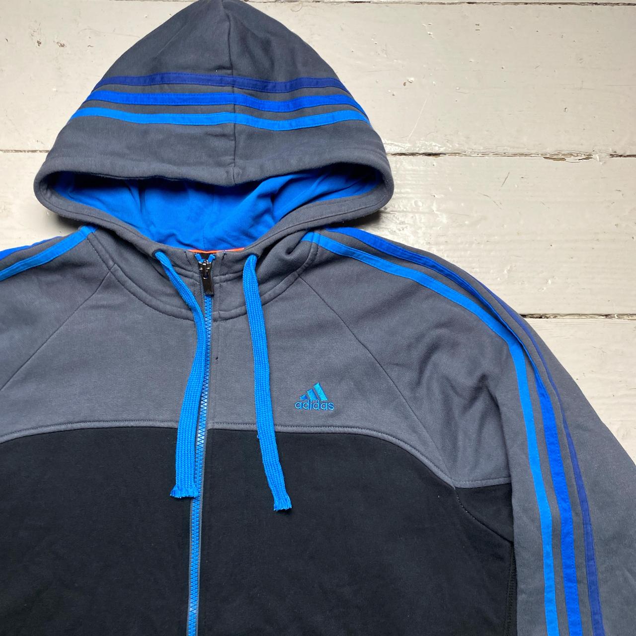 Adidas Performance Essentials 3 Stripe Grey Black and Tri Blue Hoodie